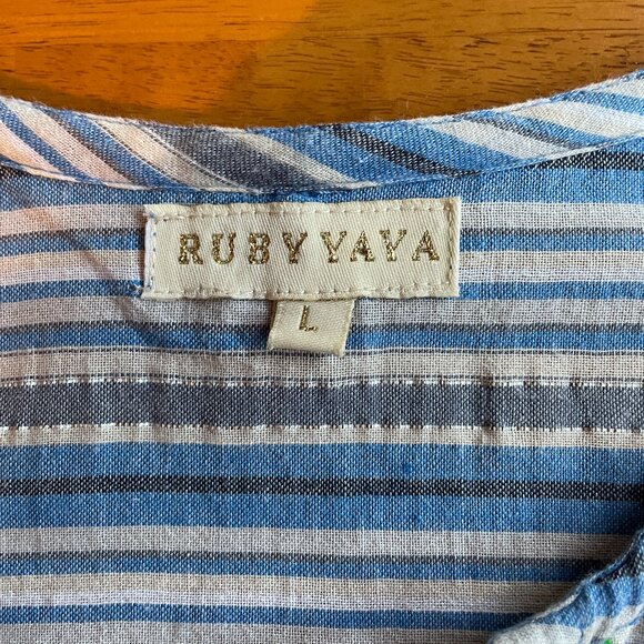 Size Large Anthropologie Ruby Yaya blue white stripes embroidered cotton dress - Picture 9 of 14